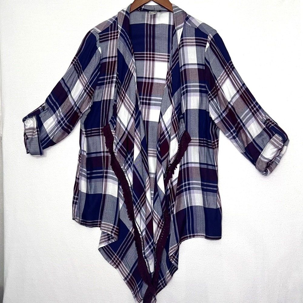Venus Plaid Fringe Open Front Waterfall Cardigan‎ Burgundy Navy M Lightweight
